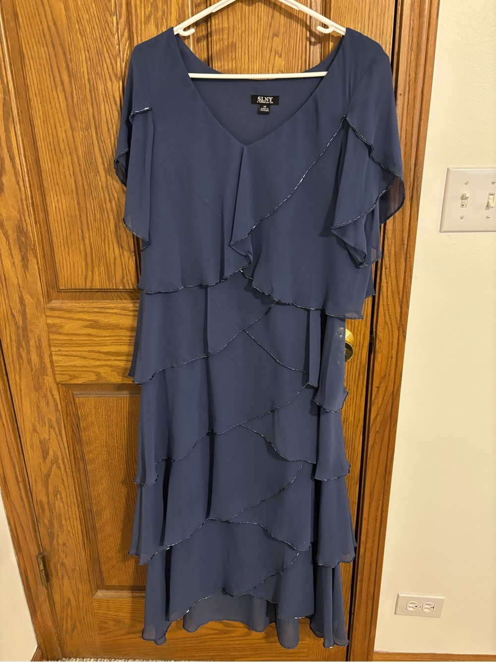 SLNY Slate Blue Tiered Ruffle Midi Dress